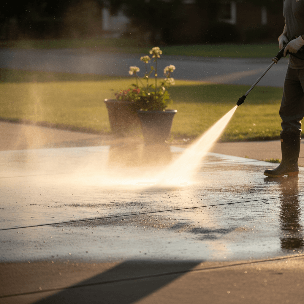 Pressure washer cleaning a concrete driveway