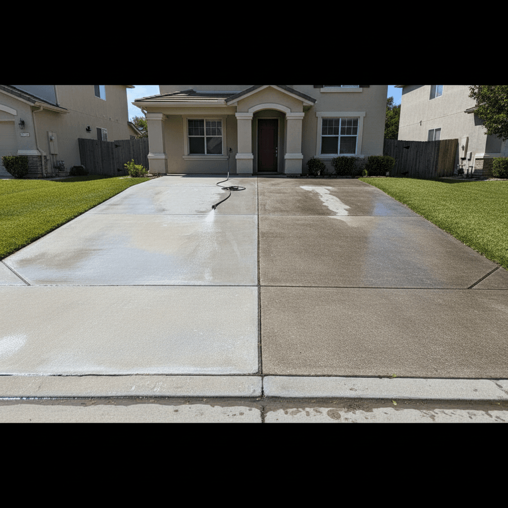 Half-cleaned concrete driveway with visible contrast between dirty and clean sections