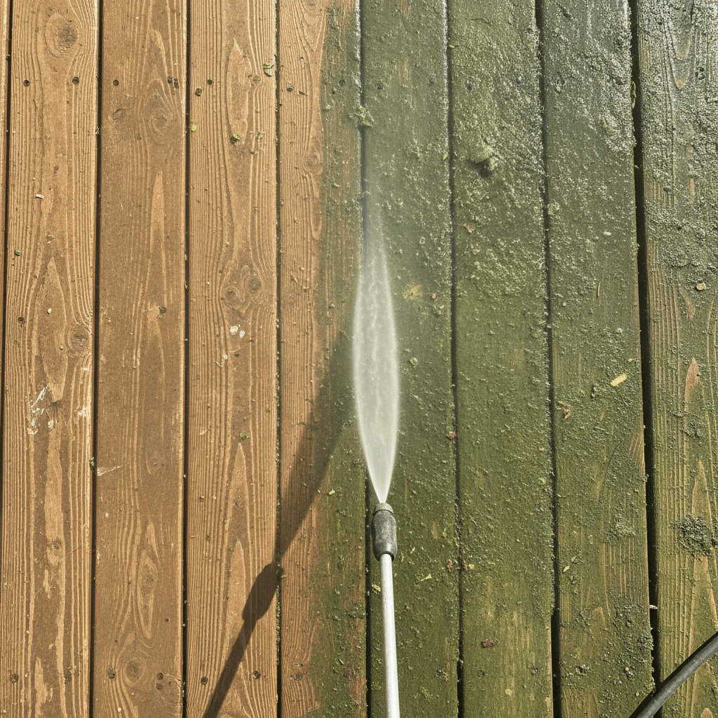 Pressure washing a wooden deck to remove moss and algae