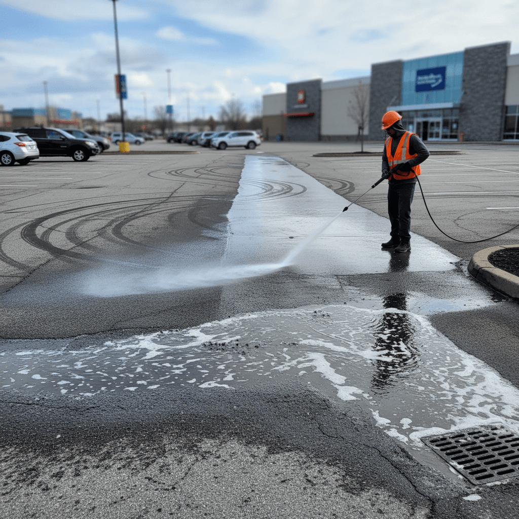 Pressure washing a commercial parking lot surface