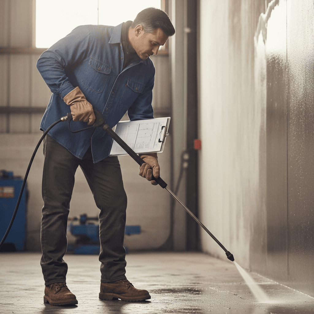 Pressure washing professional reviewing a job before starting