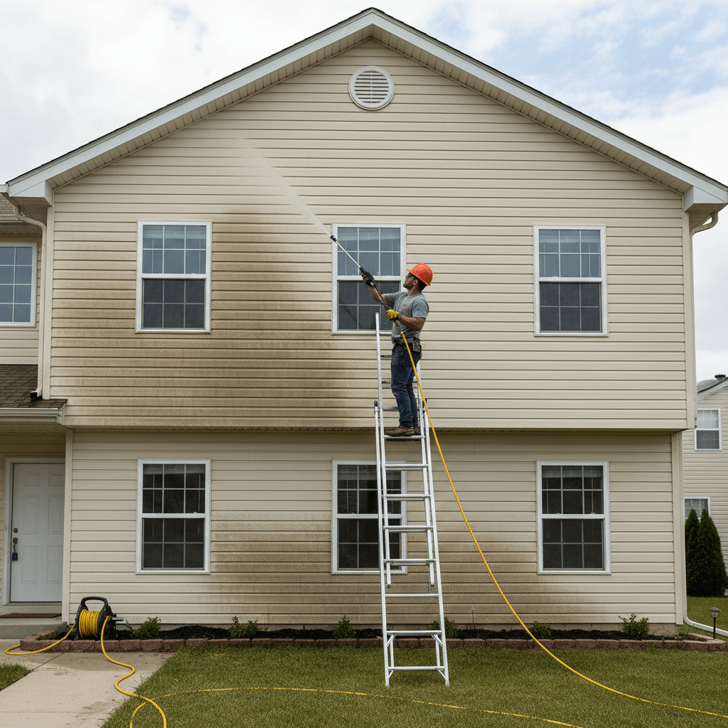 Pressure washing vinyl siding on a residential home