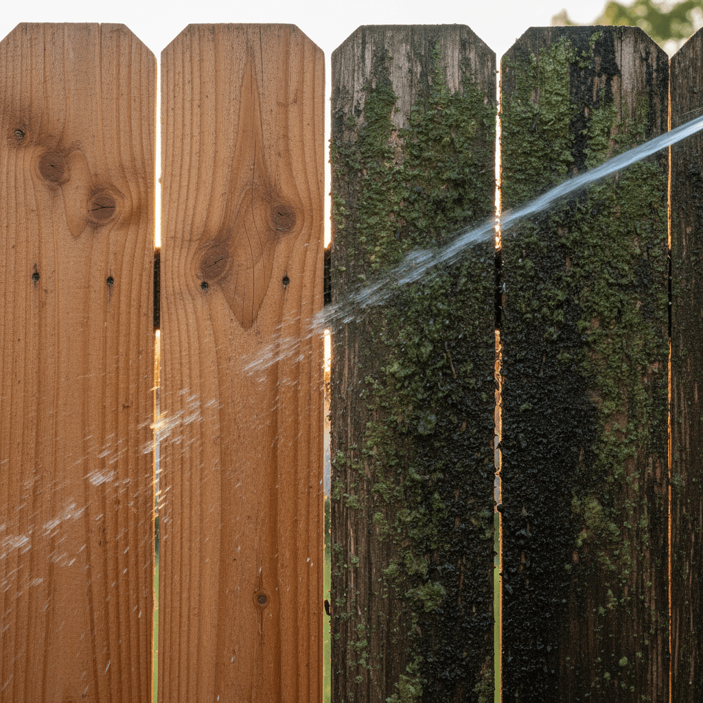 Cleaning mildew off a wooden fence with a pressure washer