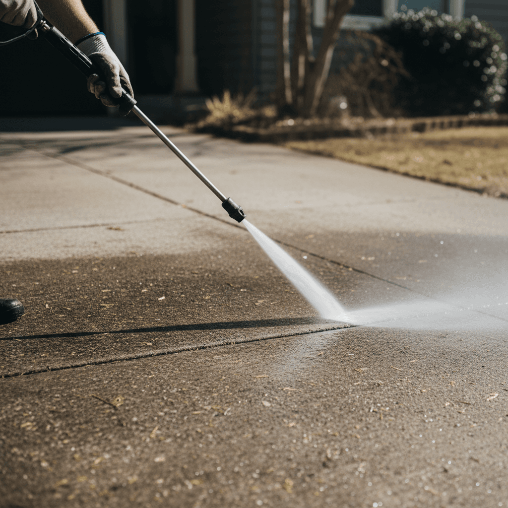 Pressure washing a concrete driveway, half cleaned half dirty