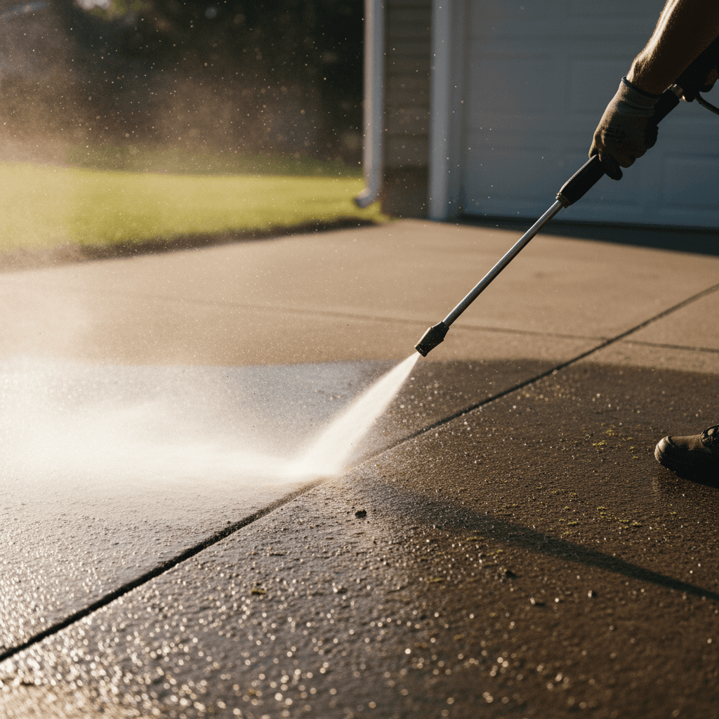 Pressure washing a residential driveway in Montreal