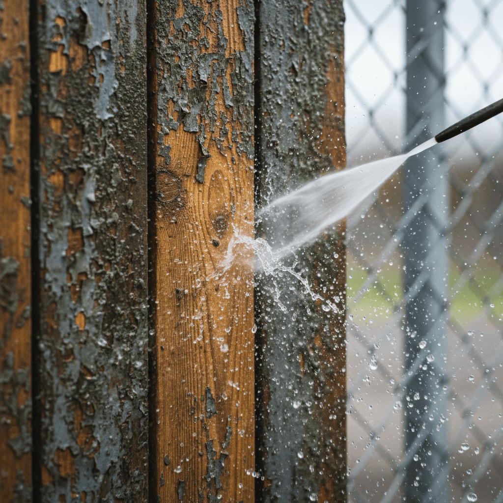 Cleaning moss and grime off a wooden fence