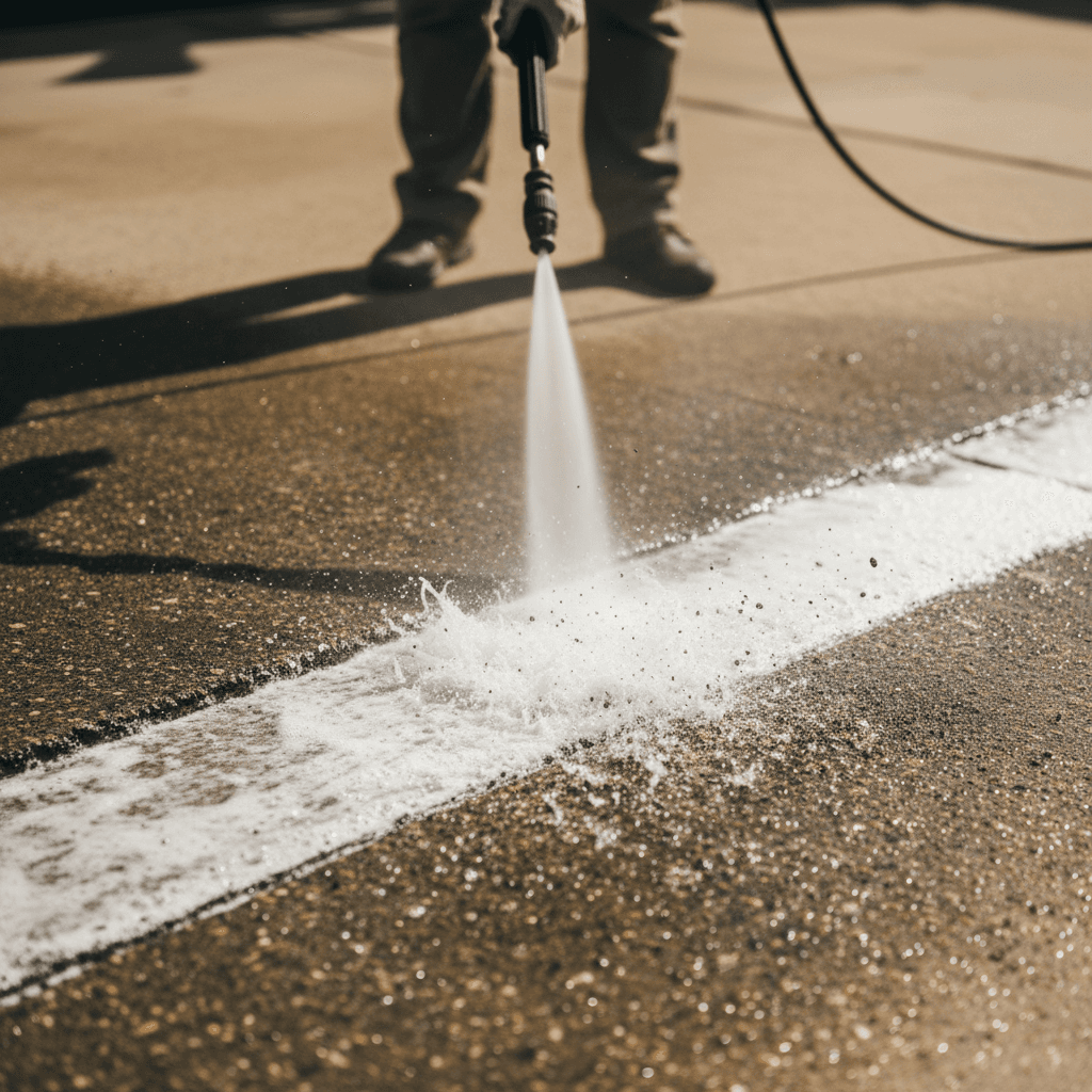 Close-up of pressure washing removing an oil stain from concrete