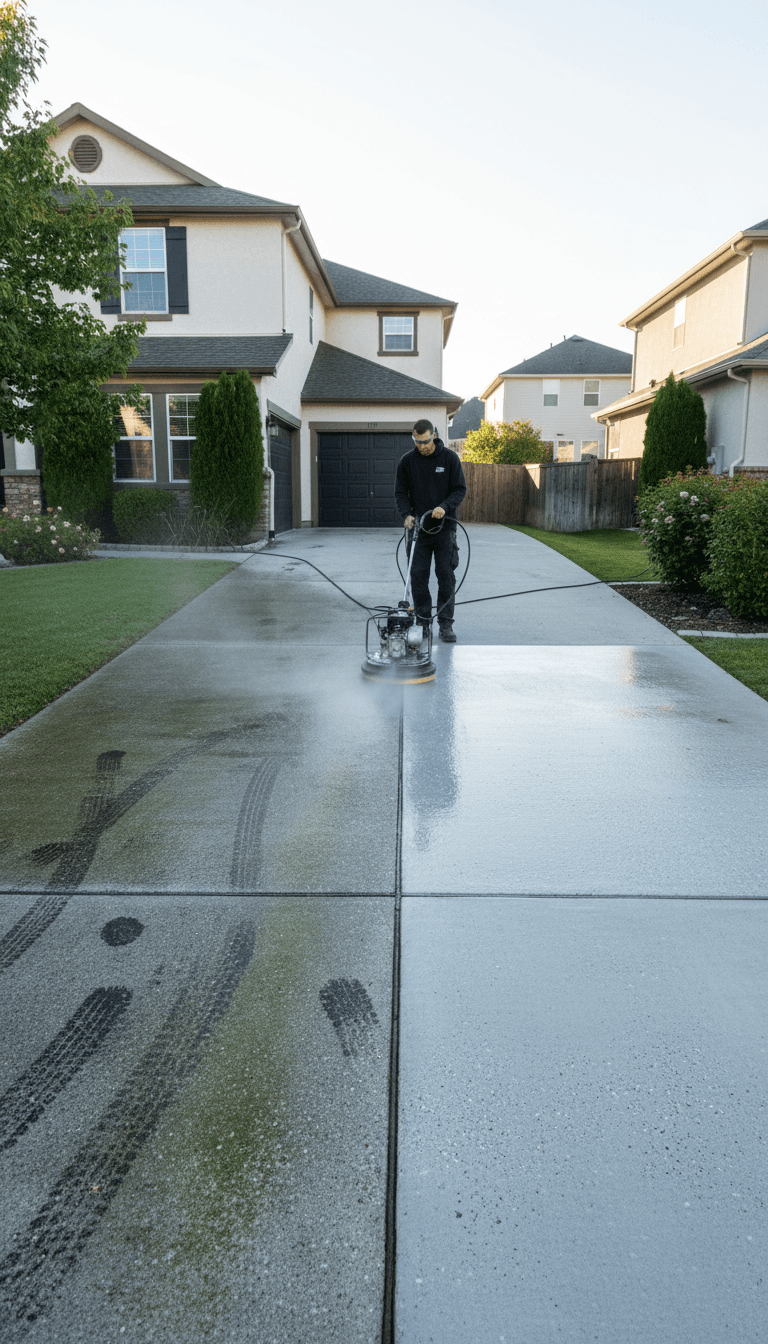 Pressure washing a concrete driveway with visible clean strip