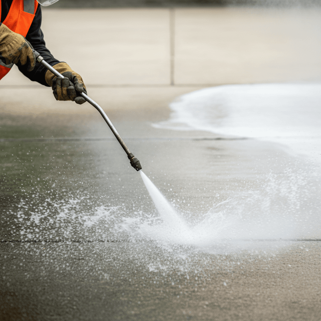 Pressure washing a commercial parking lot surface