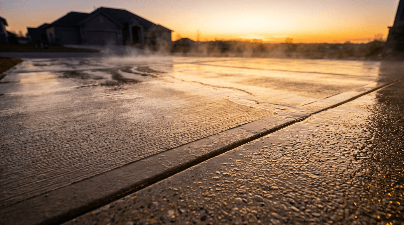 Pressure washing a commercial parking lot at dusk