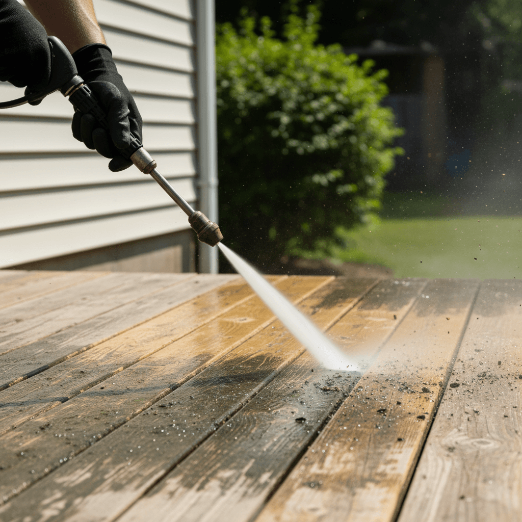 Pressure washing a wooden deck revealing clean wood