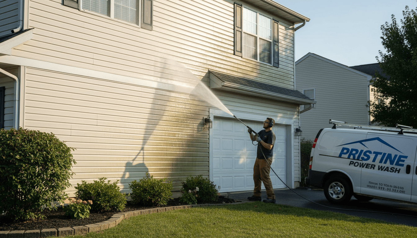 Technician pressure washing house siding