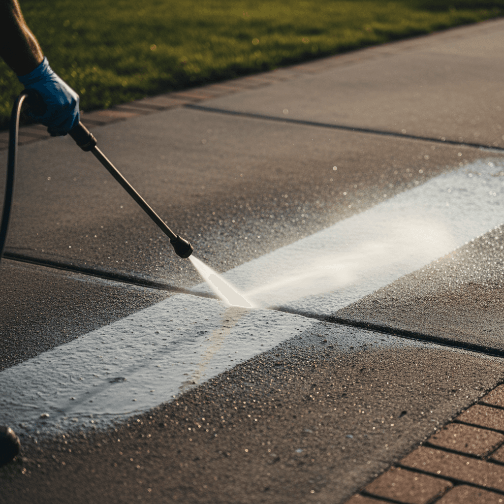 Pressure washing spray hitting a concrete driveway